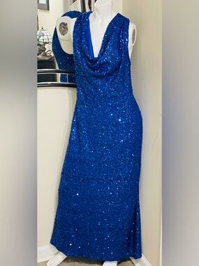 Sleeveless Cowl Neck Sequin Evening Gown - Royal Blue